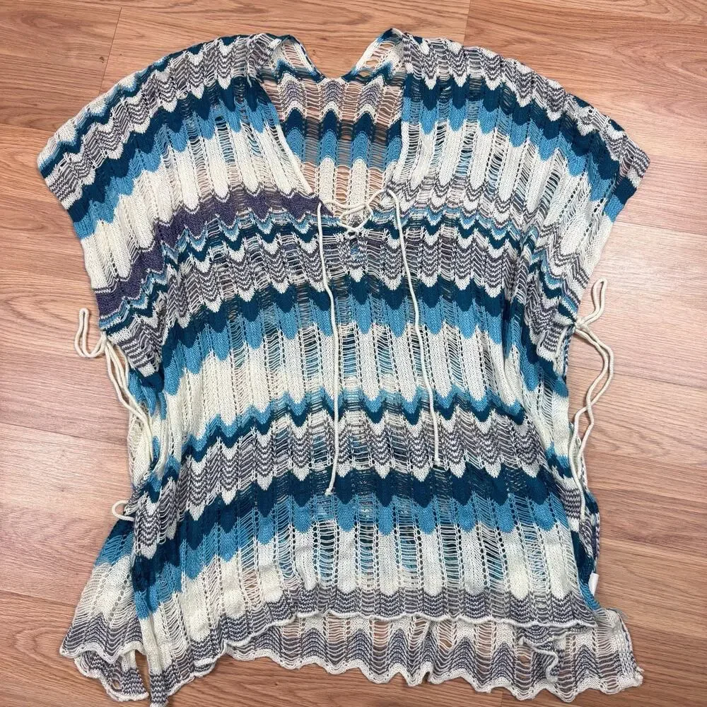 Womens Crochet Beach Cover Up Shawl Poncho White Blue Festival Boho Hippie